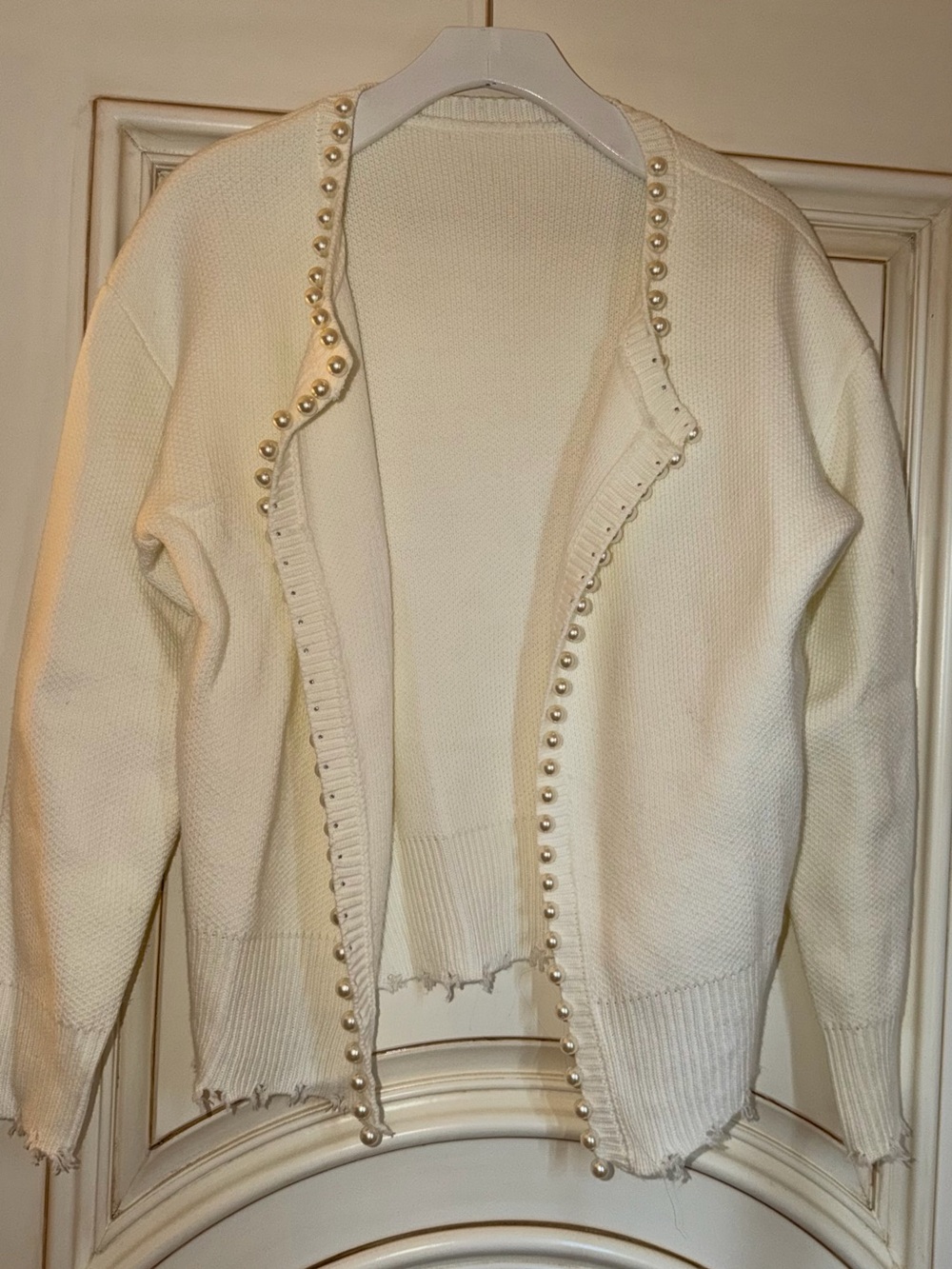 SHEIN Pearl-Trim Ivory Open Front Cardigan